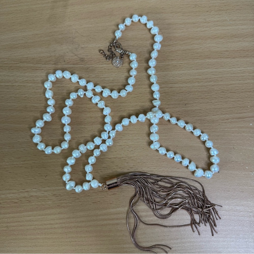 White House Black Market Pearl Bead Necklace with Taupe/Brown Tassel - Picture 2 of 7